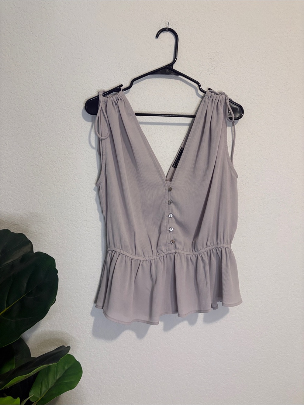 Light purple Gray Sleeveless V-Neck Peplum Top with self tie straps L
